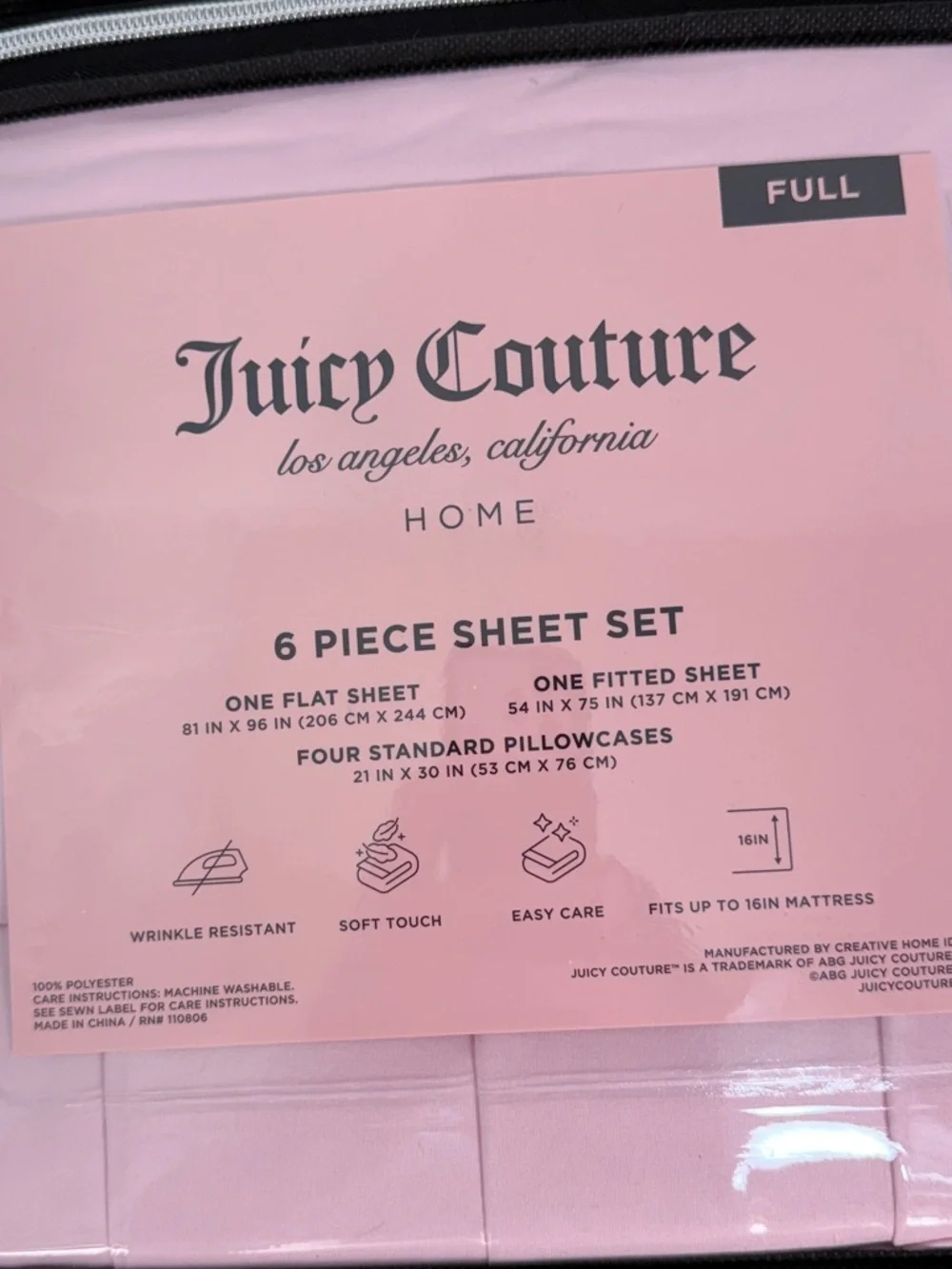 Juicy Couture Pink Full Sheet Set 6 Piece Bedding Set Flat Fitted Sheets